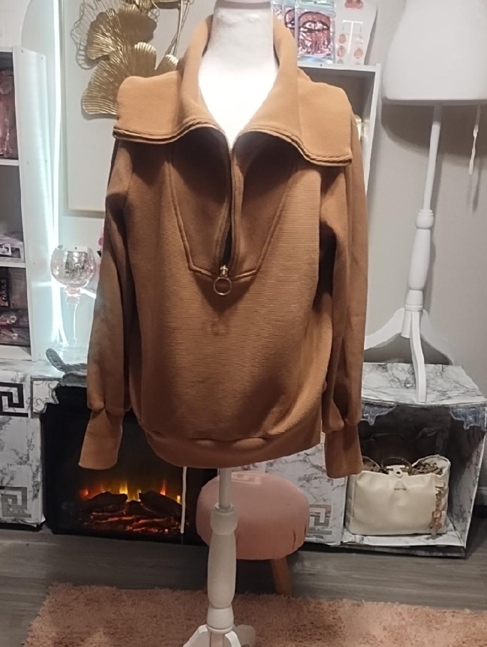 Varley Camel Brown Half-Zip Funnel Sweatshirt